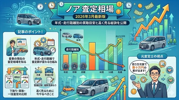 ノア査定相場2026年3月最新｜年式・走行距離別の買取相場表と高く売るコツ